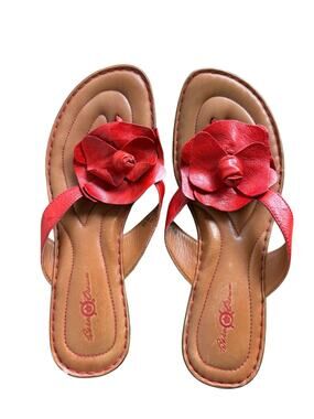 Born Crown Red Leather Flower Thong Slides Sandals Size 11 Comfort Footbed Boho